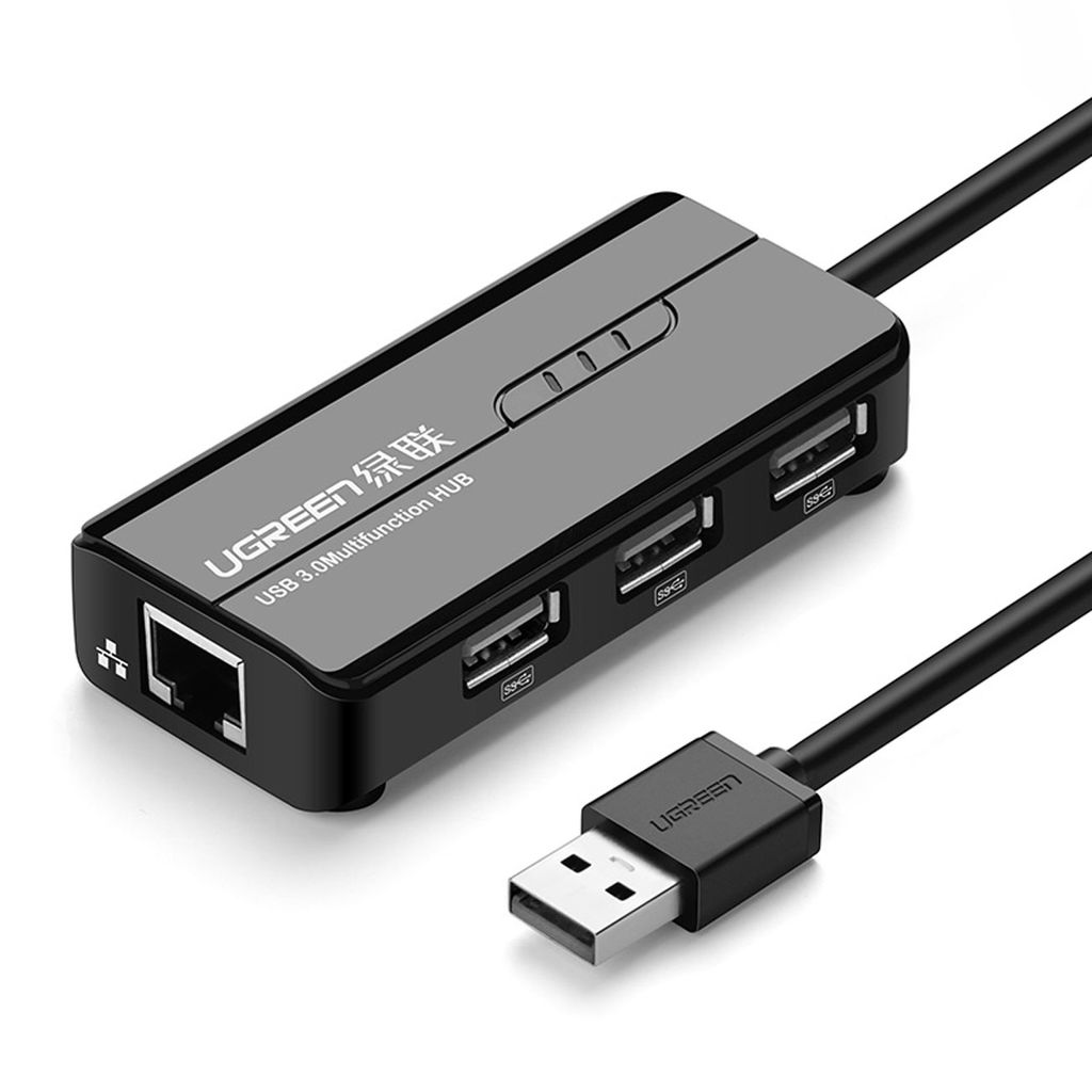 Ugreen 20264 RJ45 / USB-A nettverksadapter og USB HUB – 3 porter, svart