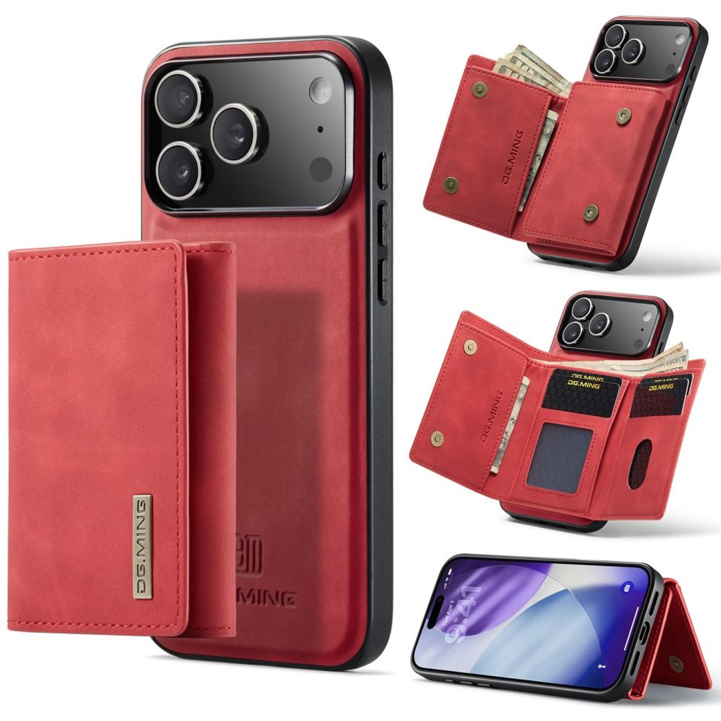 DG.MING M1 iPhone 18 Pro/17 Pro Deksel med Stativ & Avtakbar Lommebok - Rød