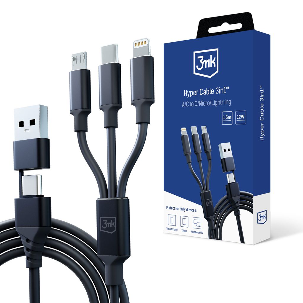 3mk Hyper Cable 3in1 USB-ladekabel 1,5 meter svart