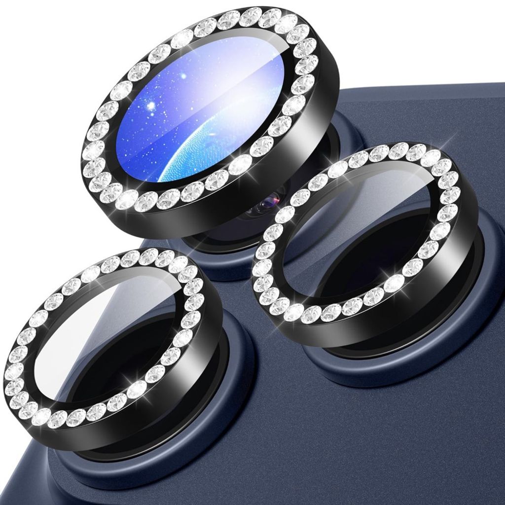 iPhone 18 Pro Kameralinsskydd Härdat Glas/Metallring strass - Svart