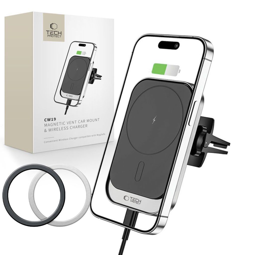 Tech-Protect CW19 MagSafe magnetisk bilholder med 15W trådløs oplader - sort