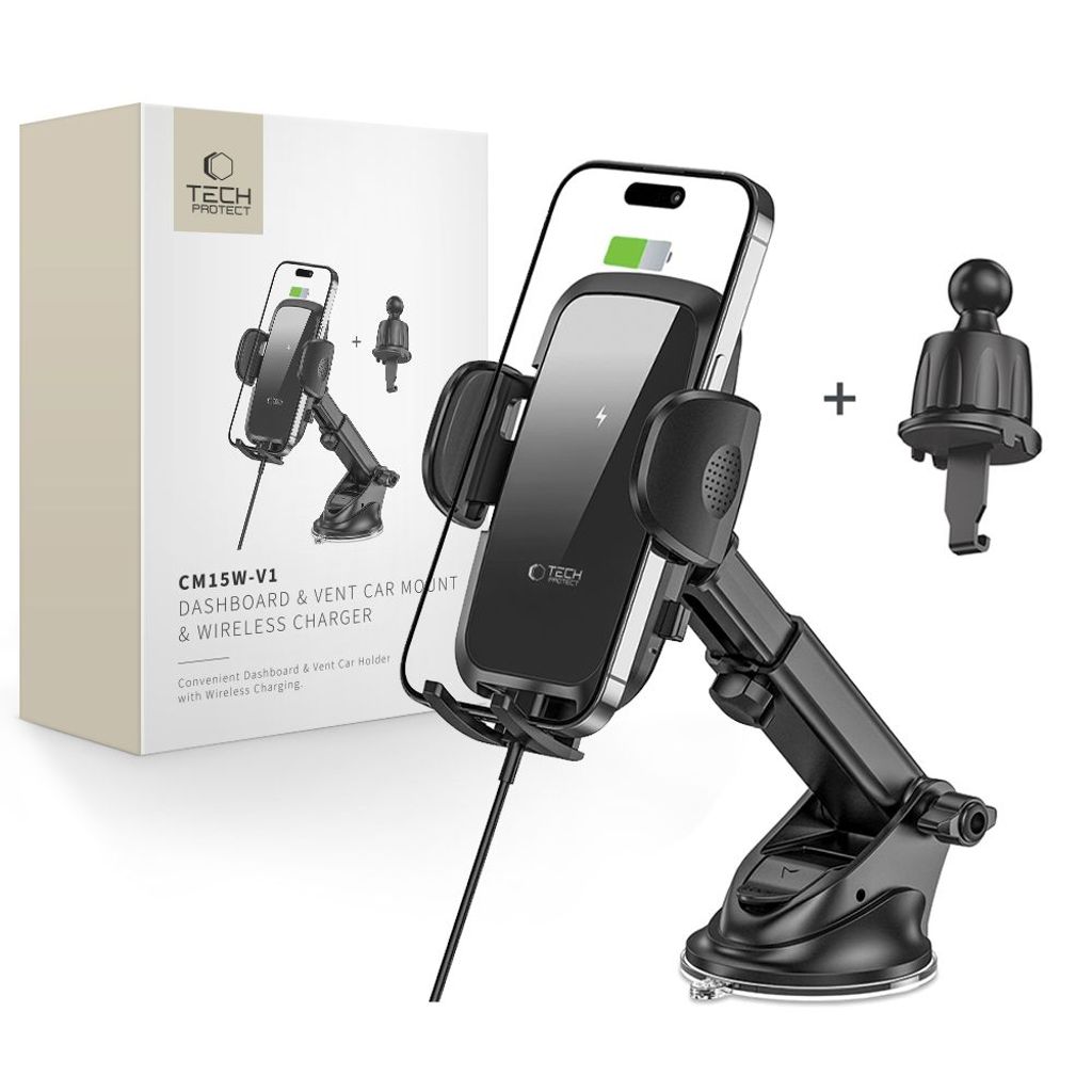 Tech-Protect CM15W-V1 bilholder med 15W trådløs opladning - sort