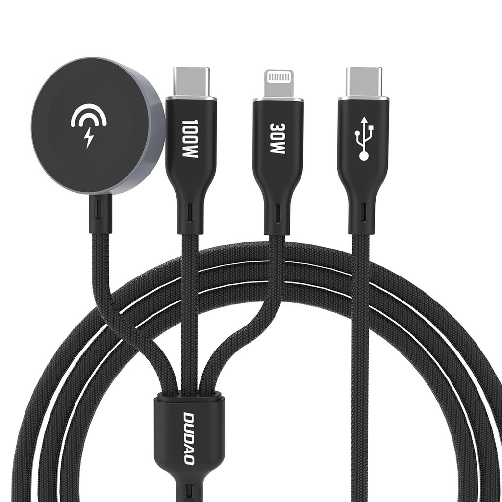 Dudao A12Max+ PD 100W 3-i-1 opladerkabel til Apple Watch/iPhone/USB-C - Sort, 1,2 m