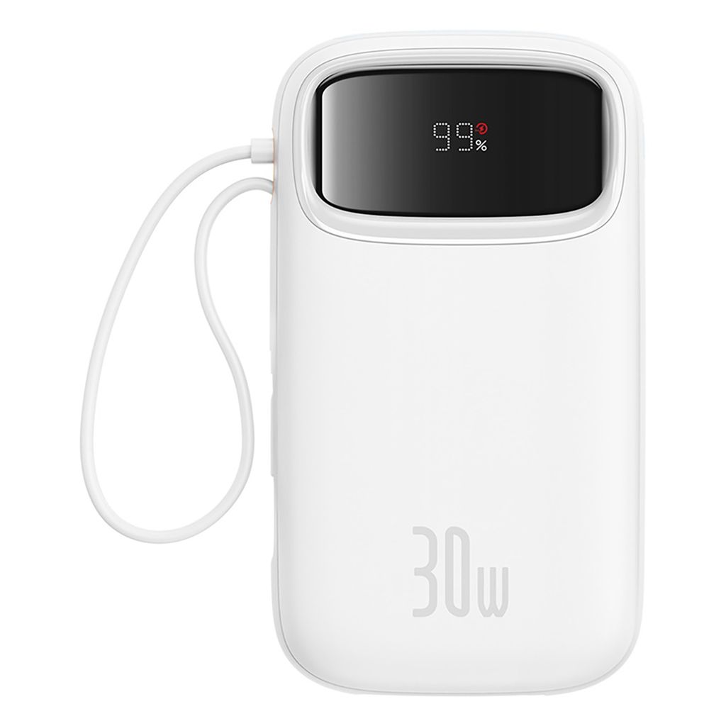 Baseus QPow 2 20000mAh 30W powerbank med 2 innebygde USB-C-kabler – hvit