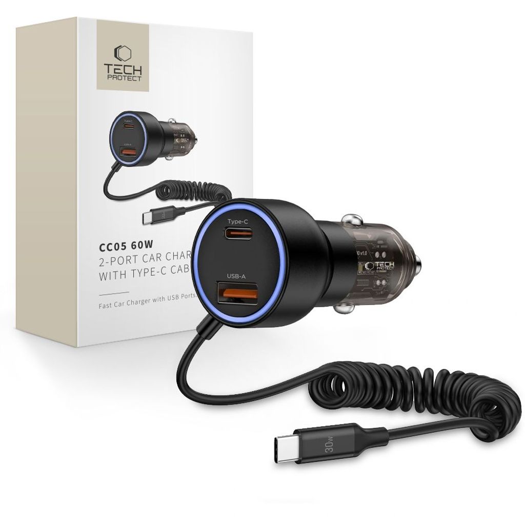 CC05 Car Charger 2-Port PD60W med USB-C-kabel – Sort