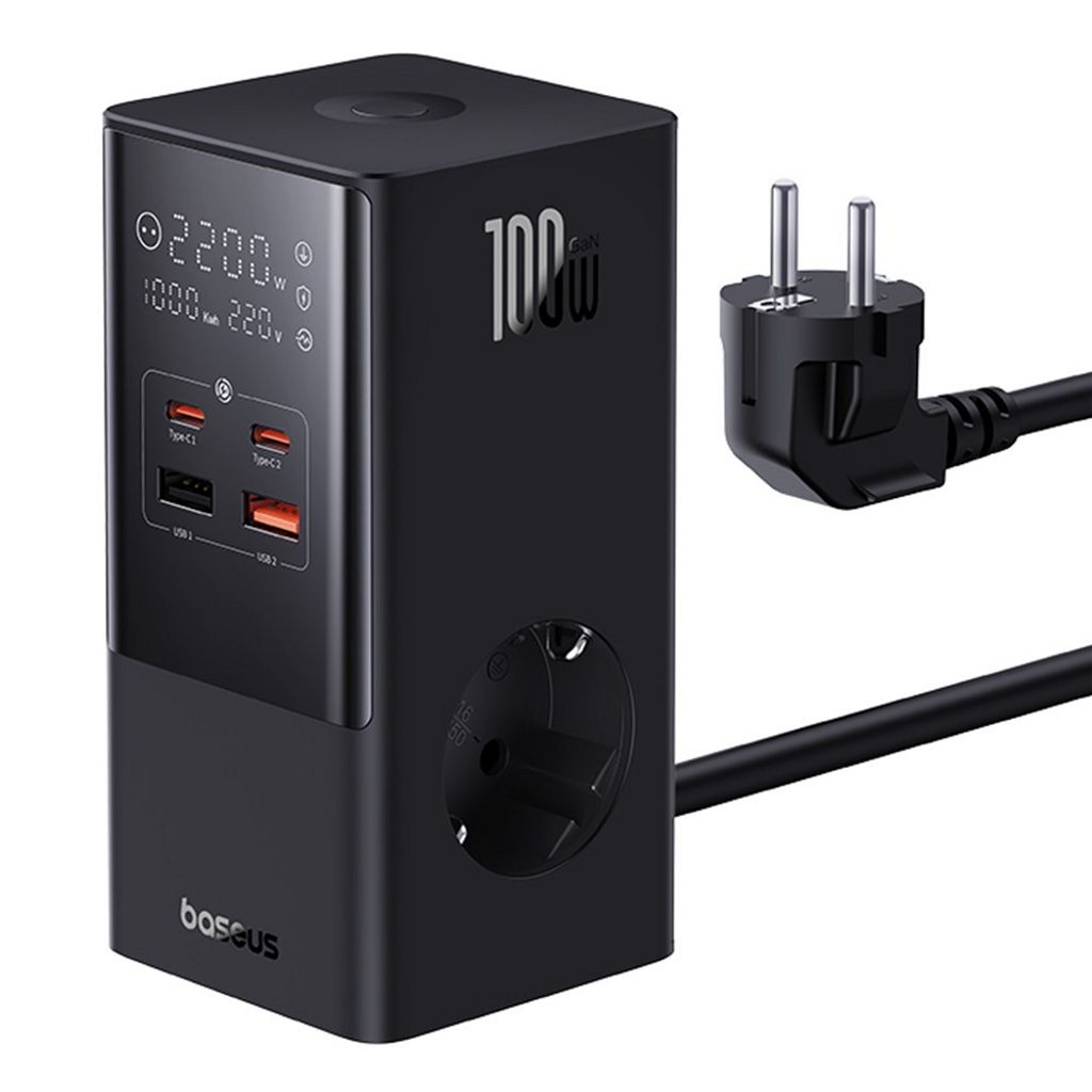 Baseus 6-i-1 Bordoplader PowerCombo Tower Strømskinne 100W - Sort