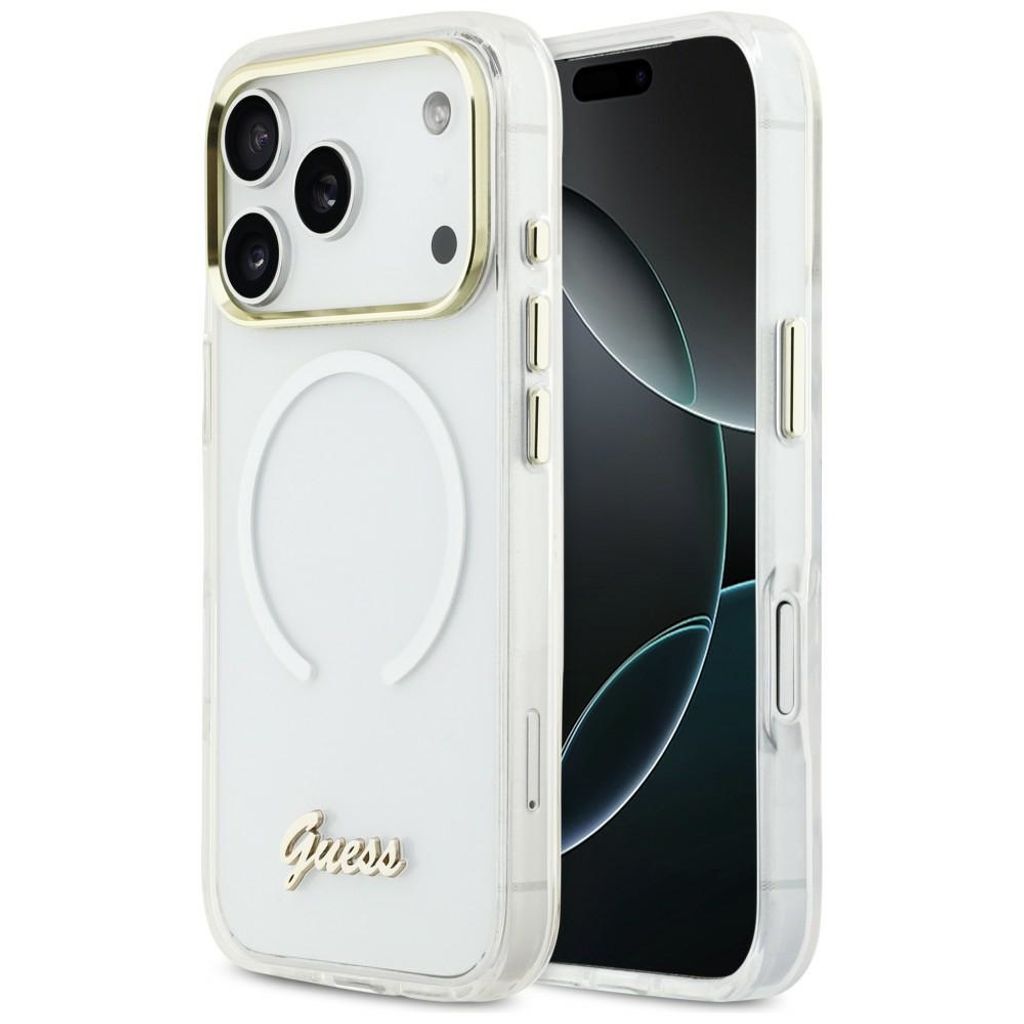 Guess IML Gradient Script Metal MagSafe -kuori till iPhone 17 Pro - Valkoinen