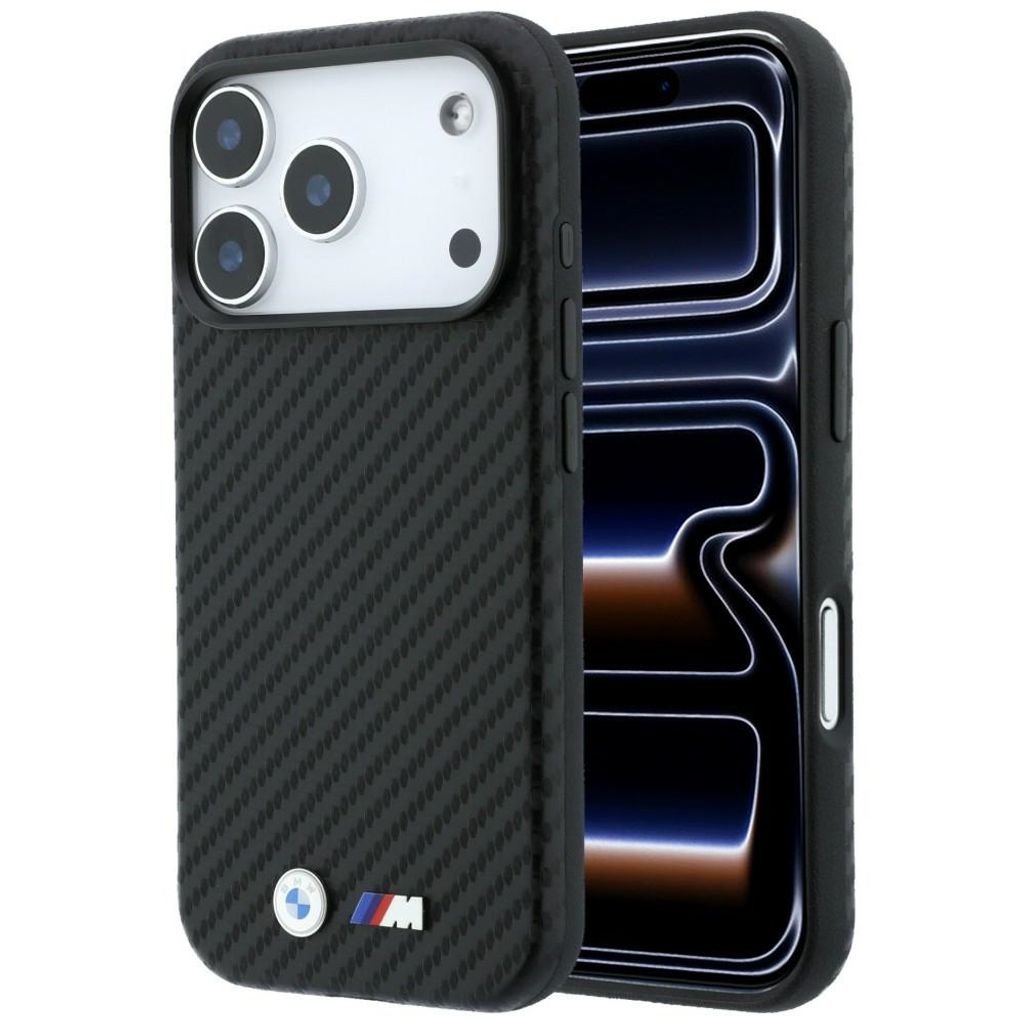 BMW Carbon Metal Logo MagSafe -kuori iPhone 17 Pro/18 Pro:lle - Musta