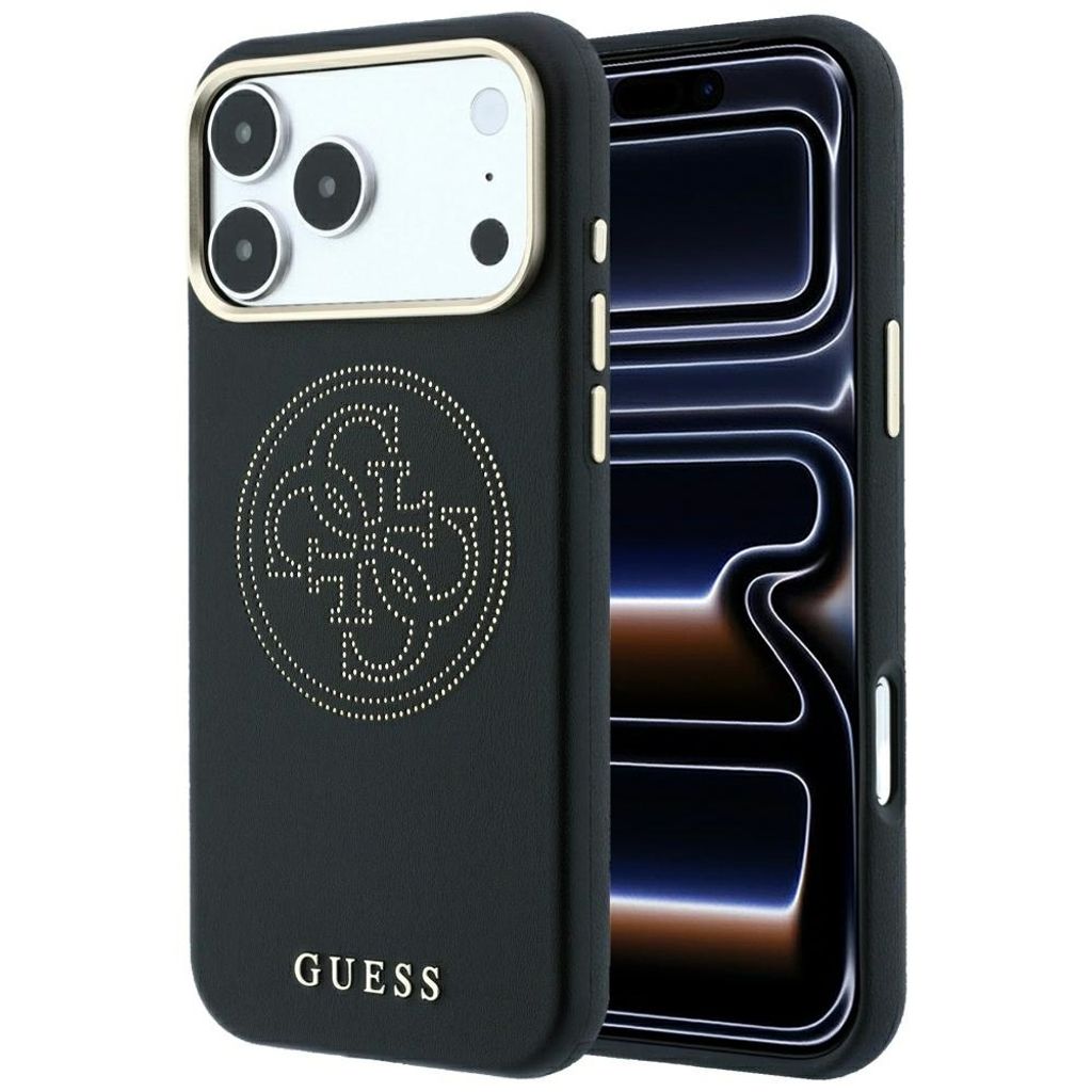 Guess Perforated 4G Gold Logo MagSafe -kuori iPhone 17 Pro/18 Pro:lle - Musta