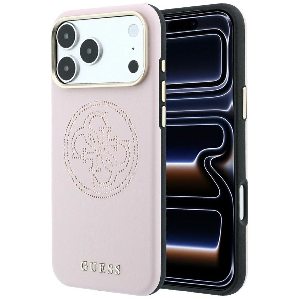 Guess Perforated 4G Gold Logo MagSafe -kuori iPhone 17 Pro Max/18 Pro Max:lle - Vaaleanpunainen