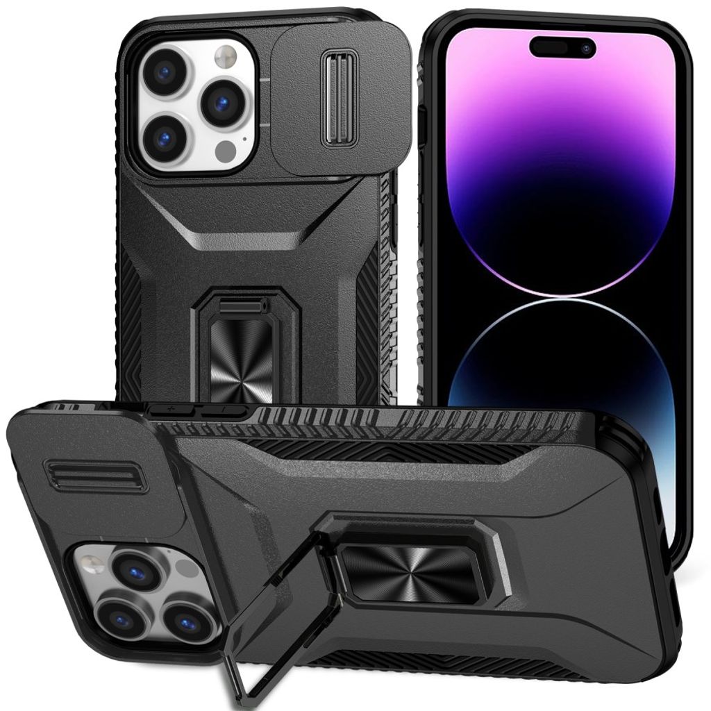 iPhone 14 Pro Max Case Kickstand Sliding Lens Cover – Black