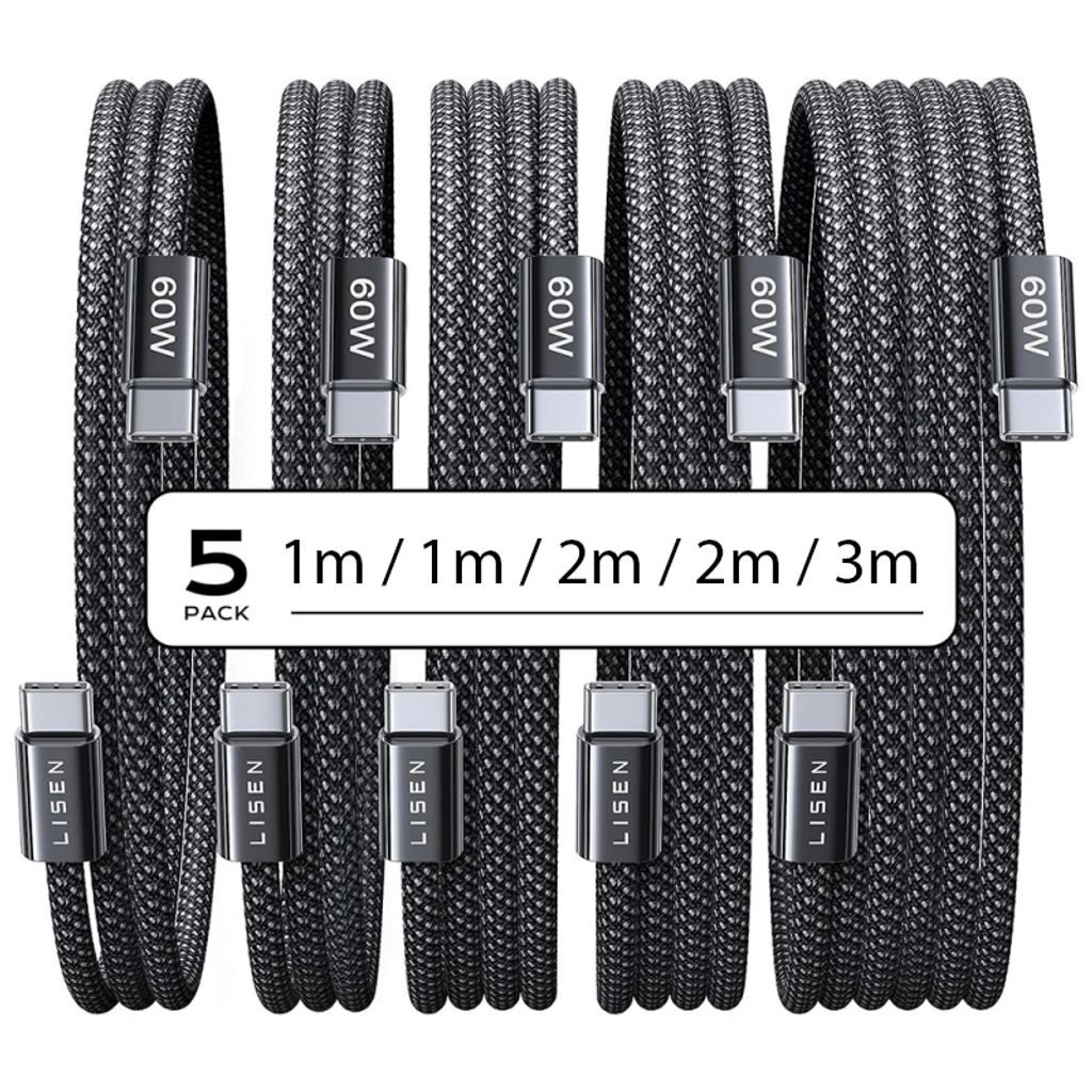 Lisen USB-C till USB-C-kabel 60W, 5-pack – Svart | 500035 | Batteritema