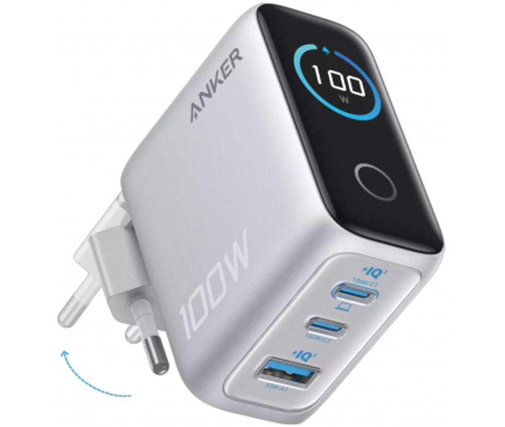 Anker Smart Display Vægoplader 100W, 1x USB-A / 2x USB-C – Sølv