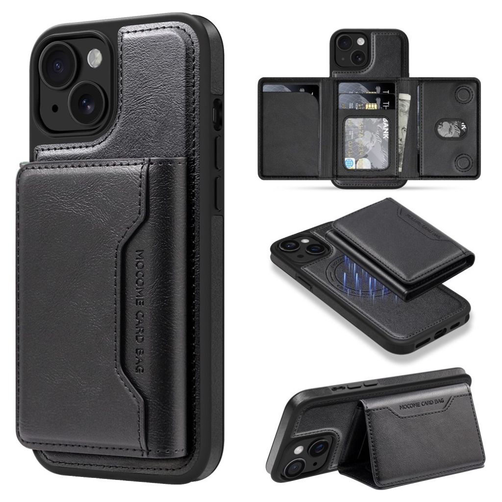iPhone 15 Magnetic Wallet Case with Detachable Card Holder - Black