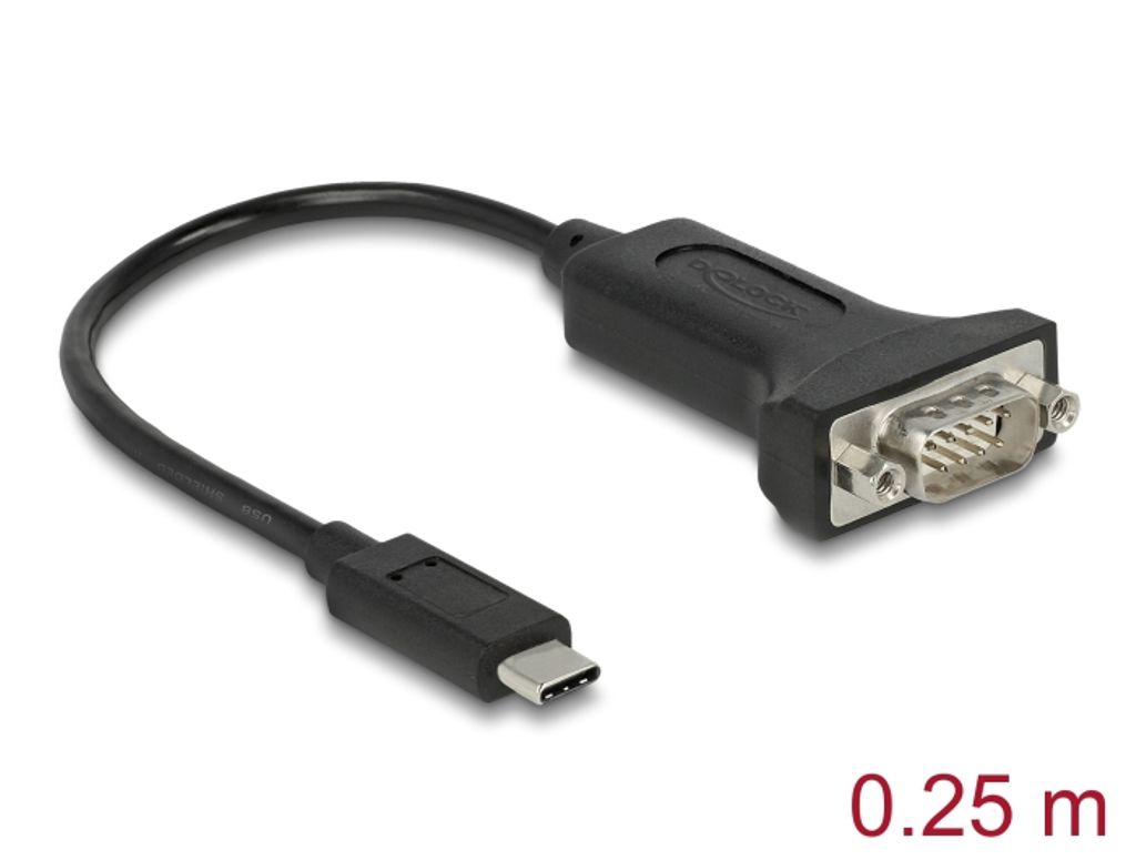 Delock-sovitin USB-C - 1 x sarjaliitäntä RS-232 D-Sub 9-nastainen urosliitin muttereilla, 0,25 m