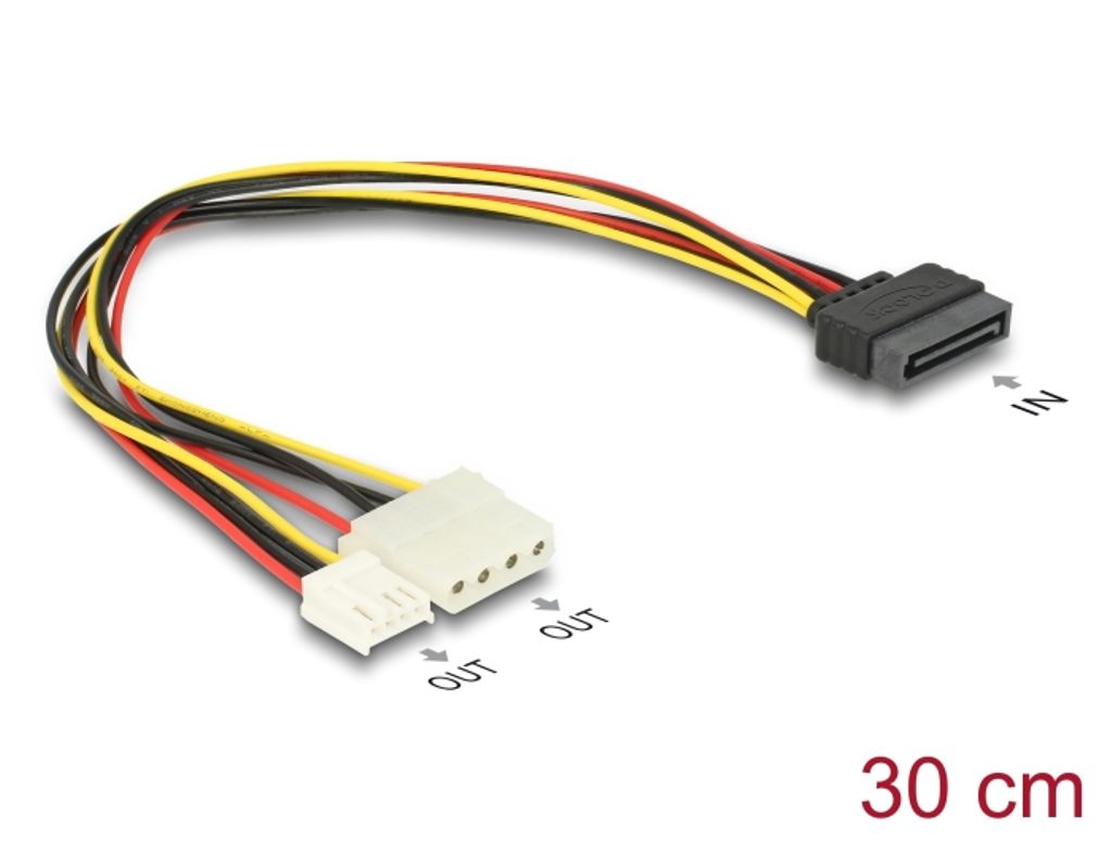 Delock Y-strømkabel SATA han 15-bens til 4-bens Molex hun + 4-bens floppy