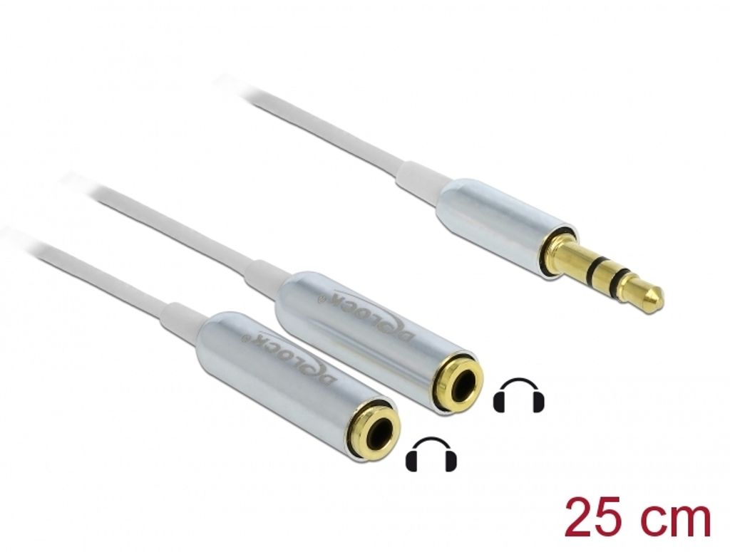 Delock Äänijakajakaapeli 3,5 mm AUX uros - 2 x naaras 3-pin 25 mm - valkoinen