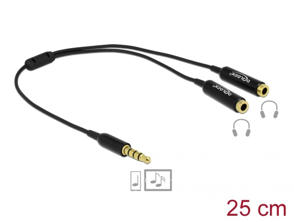 Delock Äänijakajakaapeli 3,5 mm AUX uros - 2 x naaras 4-pin 25 mm - musta