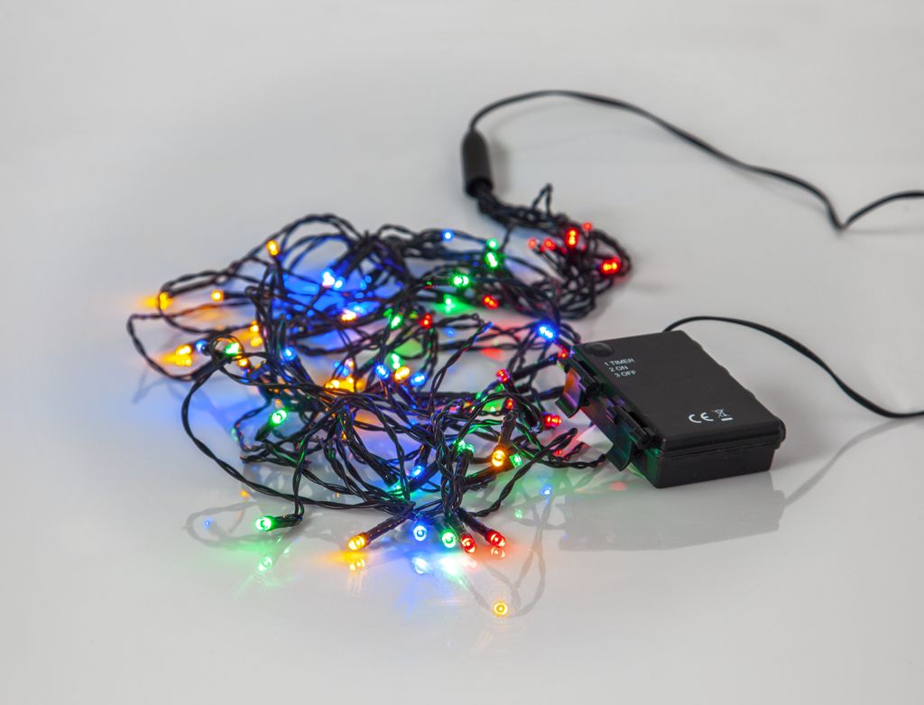 LED lyskæde BATTERI / 64 LED MULTIFARVEDE / 2,7m / BATTERI / TIMER – Indendørs/udendørs