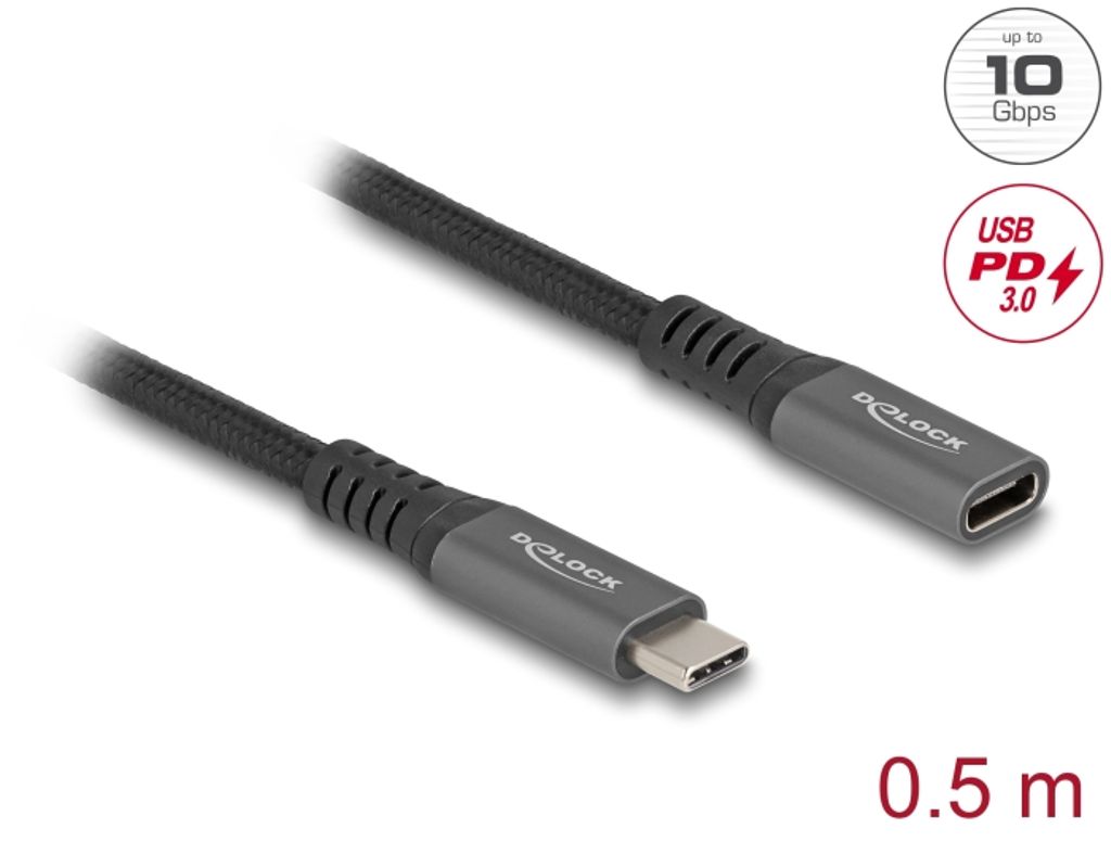 Delock forlengelseskabel USB-C hann til hunn 100W PD 10 Gbps 0,5m - grå