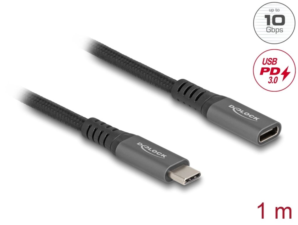 Delock Forlængerkabel USB-C han til hun 100W PD 10 Gbps 1m - Grå