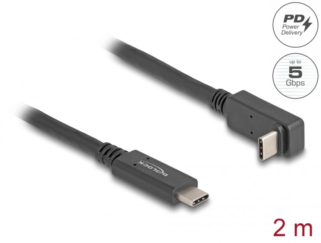Delock USB 5 Gbps USB-C til USB-C vinklet opp/ned, 2m 4K PD 60 W med E-markør