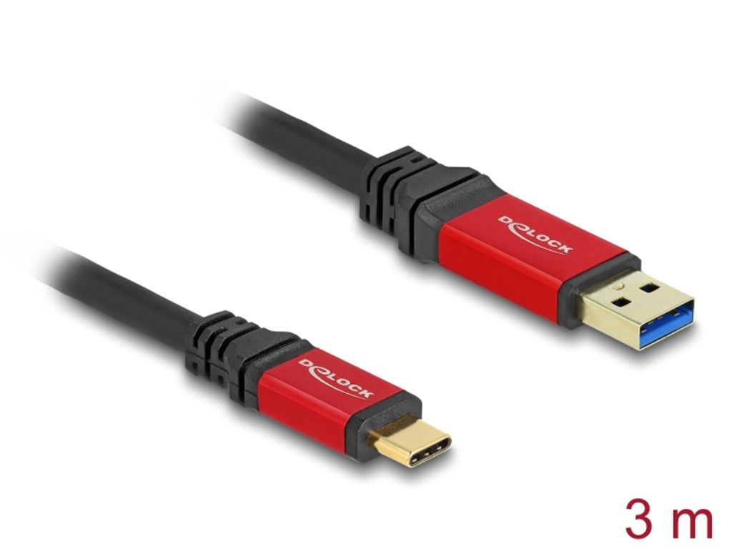 Delock USB-A til USB-C-kabel 10 Gbps, 3m - Rød metall