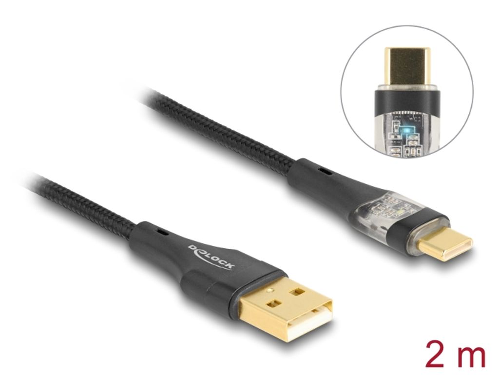 Delock USB-A til USB-C-kabel med hurtiglading 60 W - gjennomsiktig, 2 m
