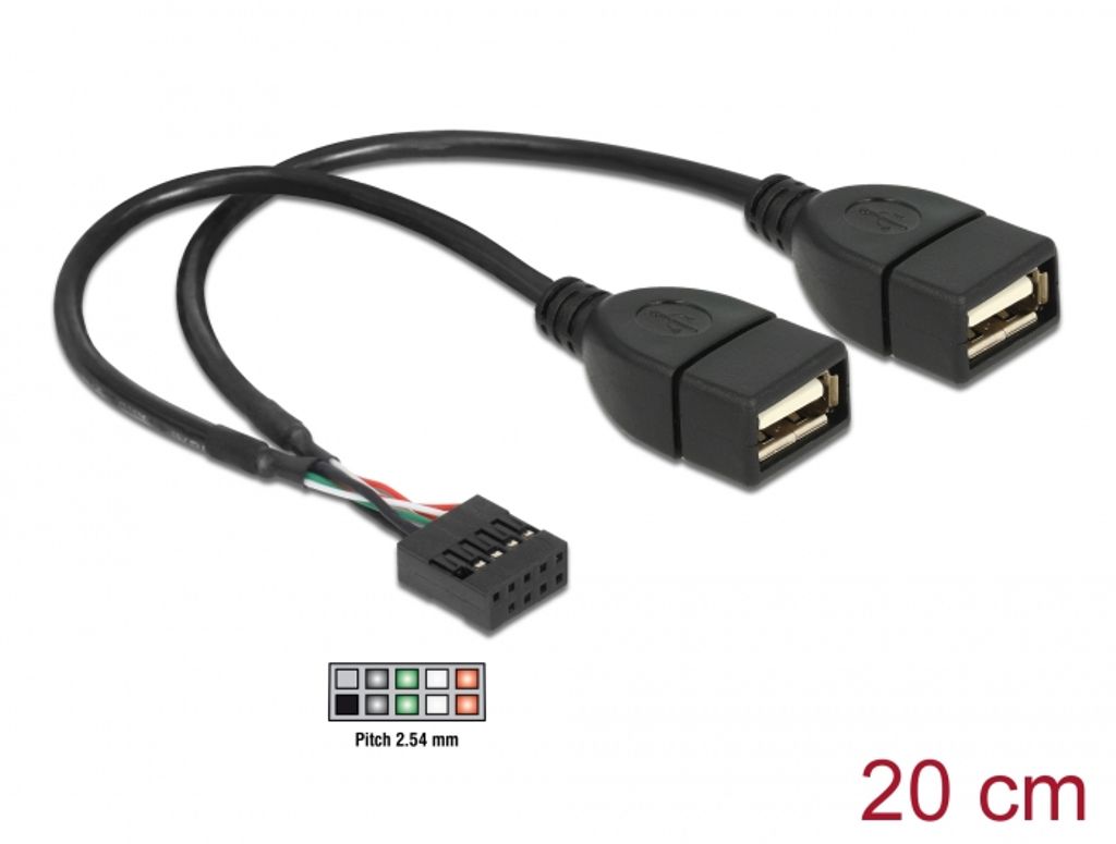 Delock USB-kaapeli, pinniliitin naaras - 2 x USB-A 2.0 naaras, 20 cm