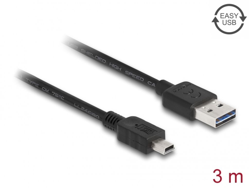 Delock EASY USB-A 2.0 Kabel han til USB 2.0 Mini USB-B han 3m - Sort