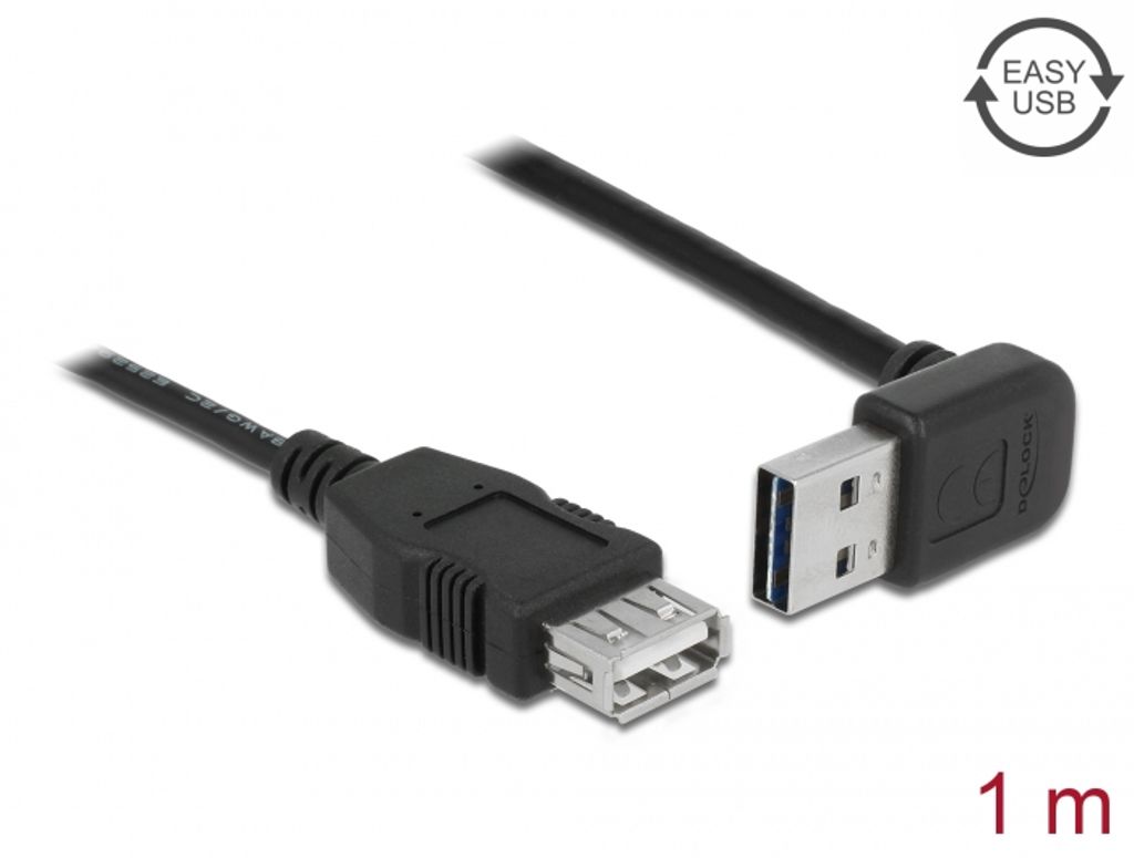 Delock EASY USB-A forlængerkabel han vinklet op/ned til hun, 1m - Sort
