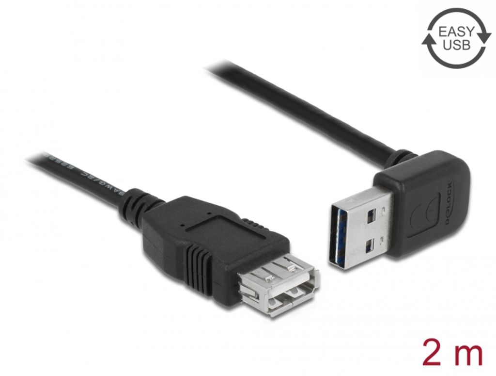 Delock EASY USB-A forlængerkabel han vinklet op/ned til hun, 2m - Sort