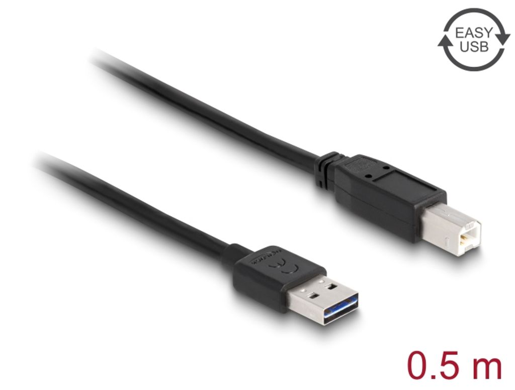 Delock EASY USB-A 2.0-kabel hane till USB-B 2.0 hane 0,5m - Svart