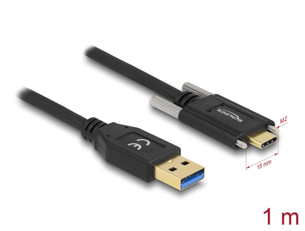 Delock USB-A till USB-C-kabel 10 Gbps med skruvar på sidorna, 1 m
