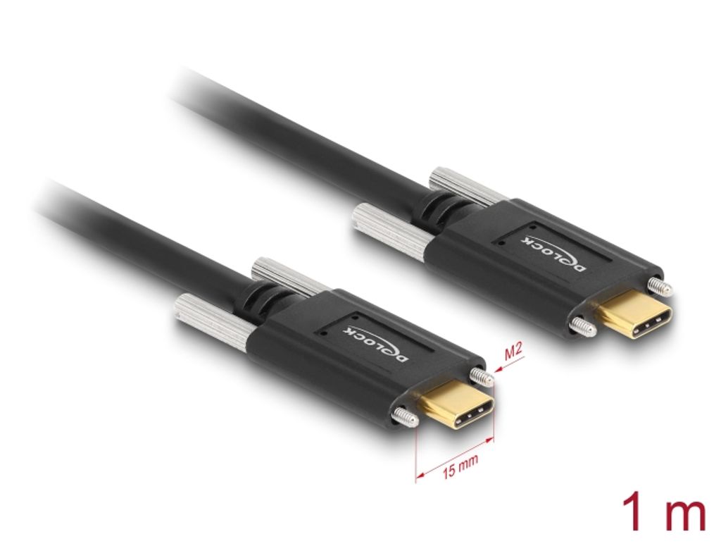 Delock USB-C til USB-C-kabel 10 Gbps med skruer på sidene, 1 m - svart