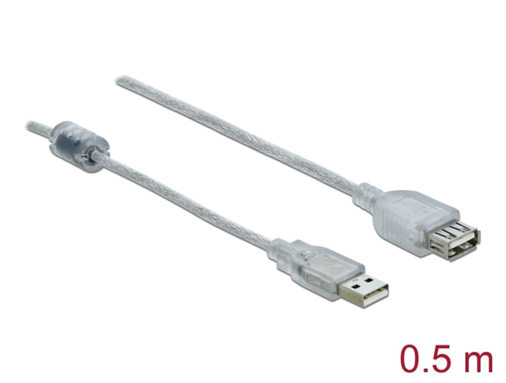 Delock Forlængerkabel USB-A 2.0 han til USB-A 2.0 hun 0,5m - Transparent