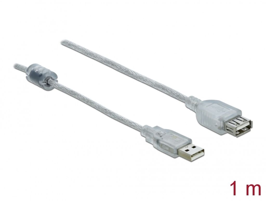 Delock Forlængerkabel USB-A 2.0 han til USB-A 2.0 hun 1m - Transparent