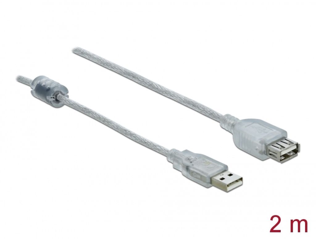 Delock Forlængerkabel USB-A 2.0 han til USB-A 2.0 hun 2m - Transparent