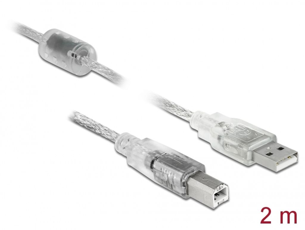 Delock USB-A 2.0-kabel hann til USB-B 2.0 hann 2m - Gjennomsiktig