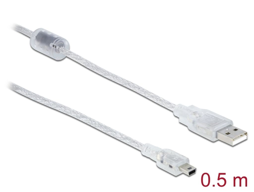 Delock USB-A 2.0 Kabel han til Mini USB-B han 0,5m - Transparent