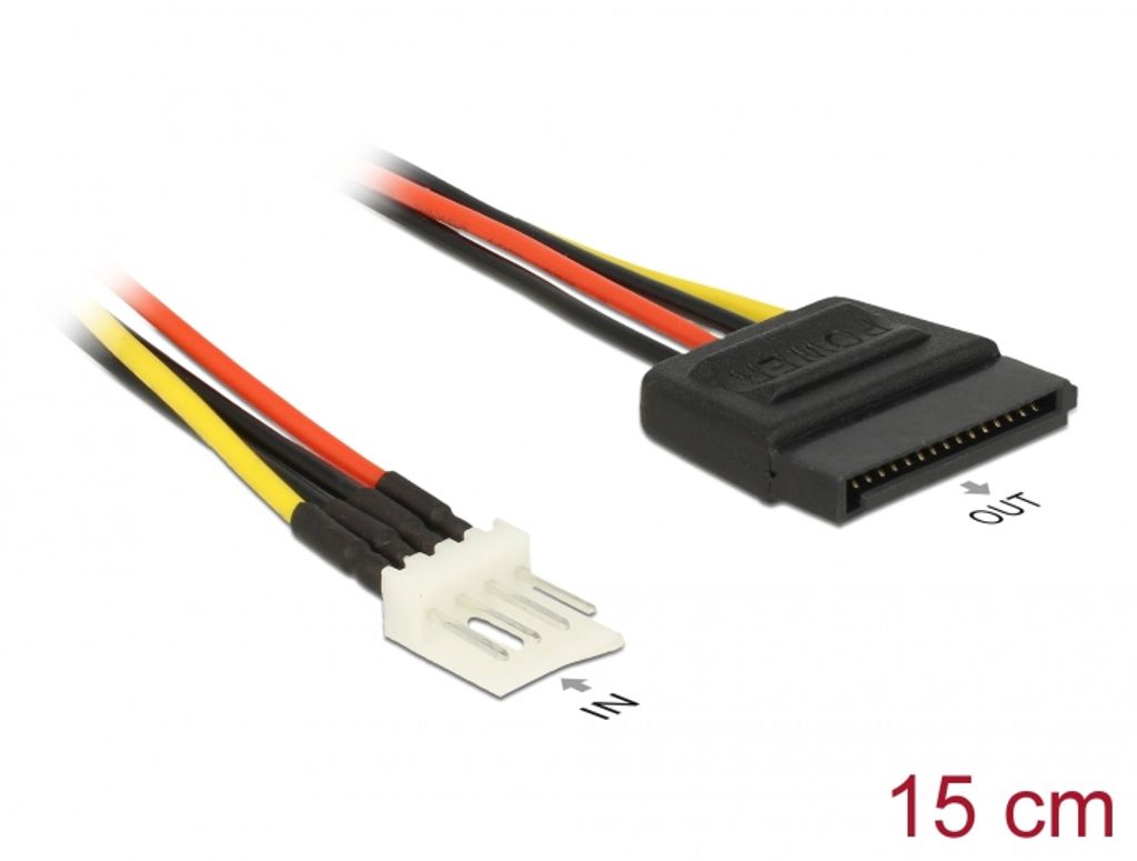 Delock virtakaapeli SATA 15-nastainen naaras - 4-nastainen levykeliitäntä uros, 15 cm