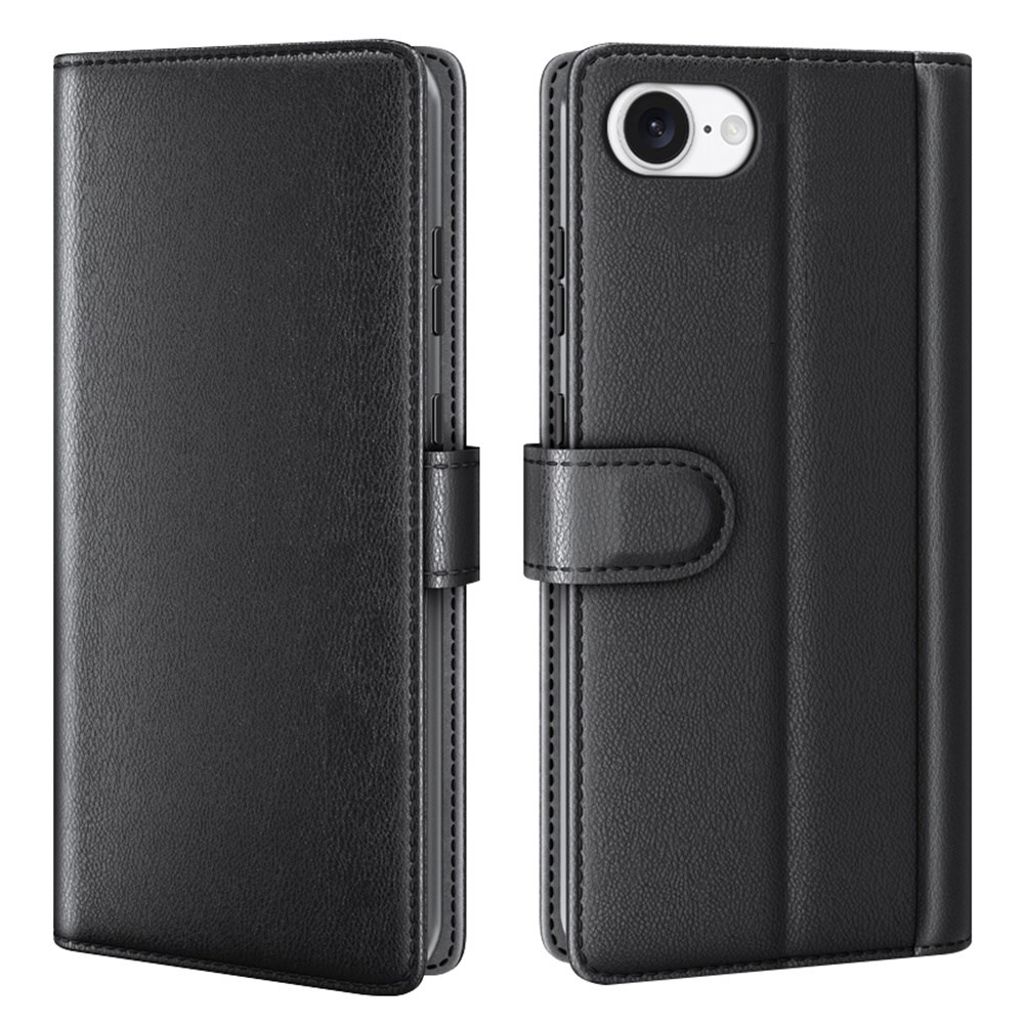 AMORUS iPhone 16e Wallet Cover Stand Real Leather - Black