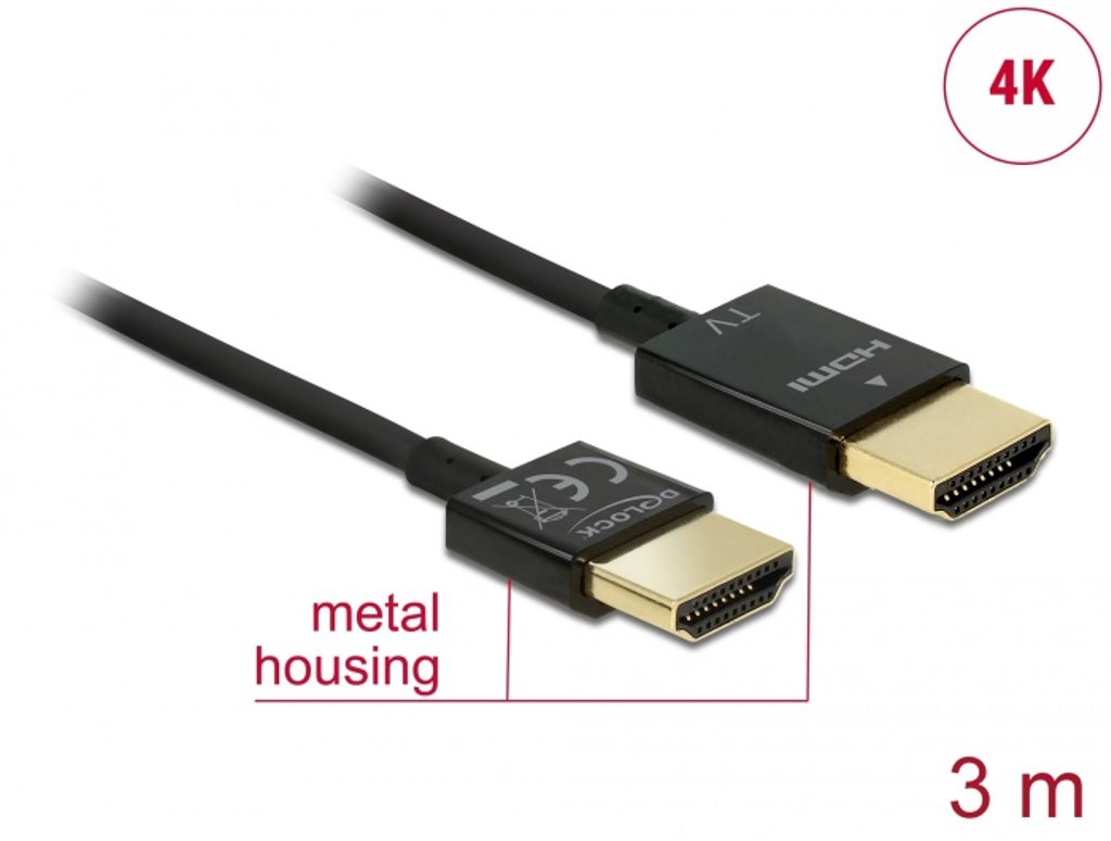 Delock Høyhastighets HDMI-kabel med Ethernet hann-til-hann 3D 4K 3m Aktiv Slim