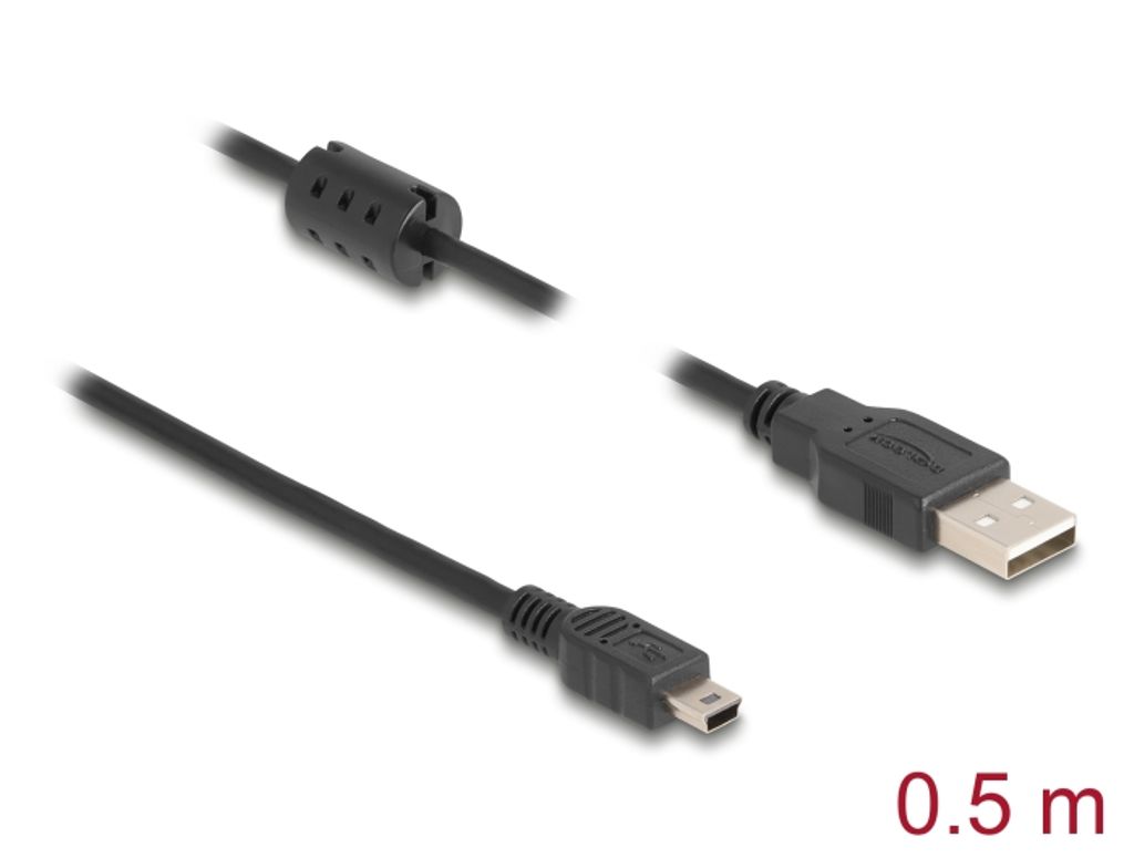 Delock USB-A 2.0 Kabel han til Mini USB-B han 0,5m - Sort