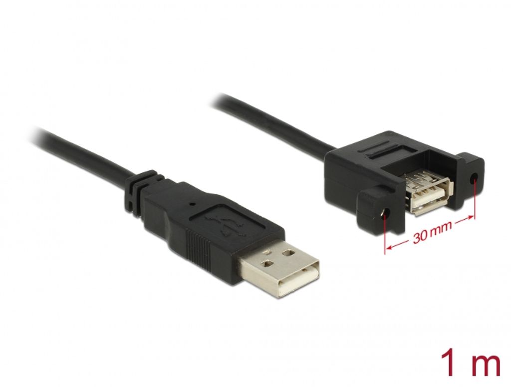 Delock USB-A 2.0 -kaapeli, uros - USB-A 2.0 naaras, paneeliasennus, 1 m
