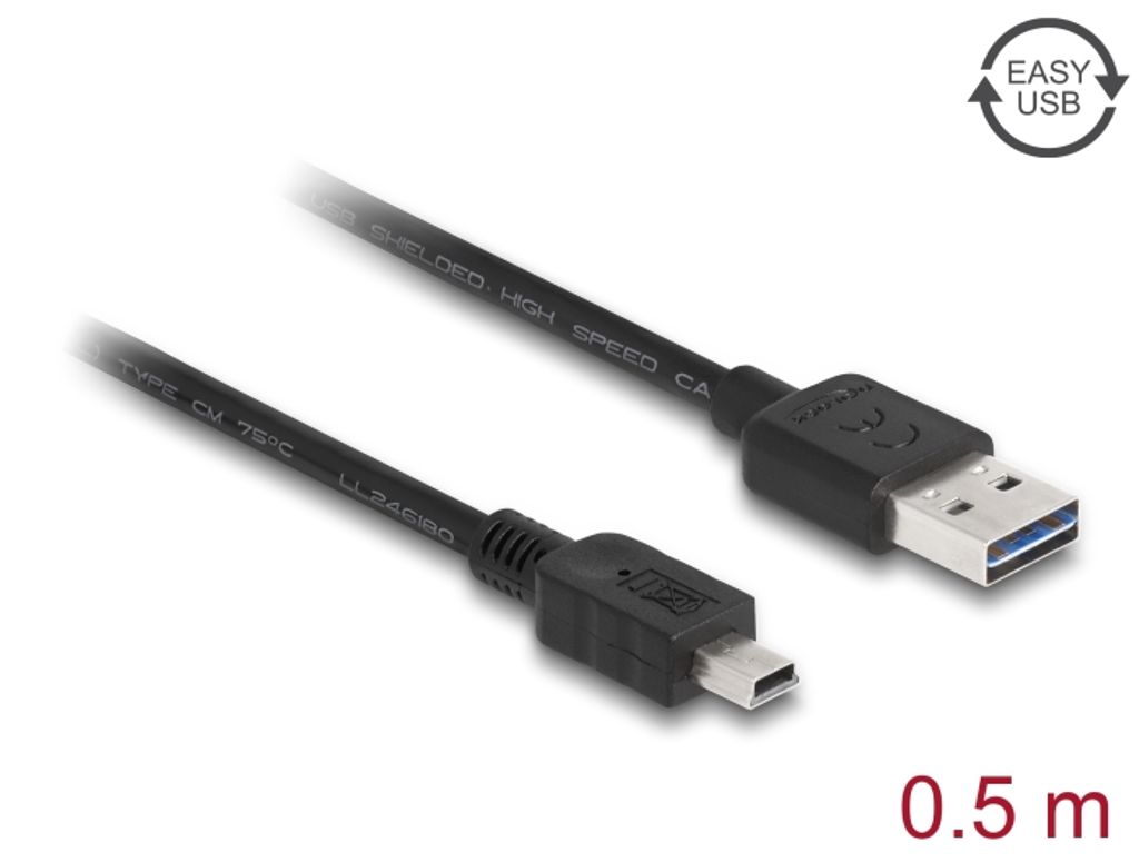 Delock EASY USB-A 2.0 Kabel han til USB 2.0 Mini USB-B han 0,5m - Sort