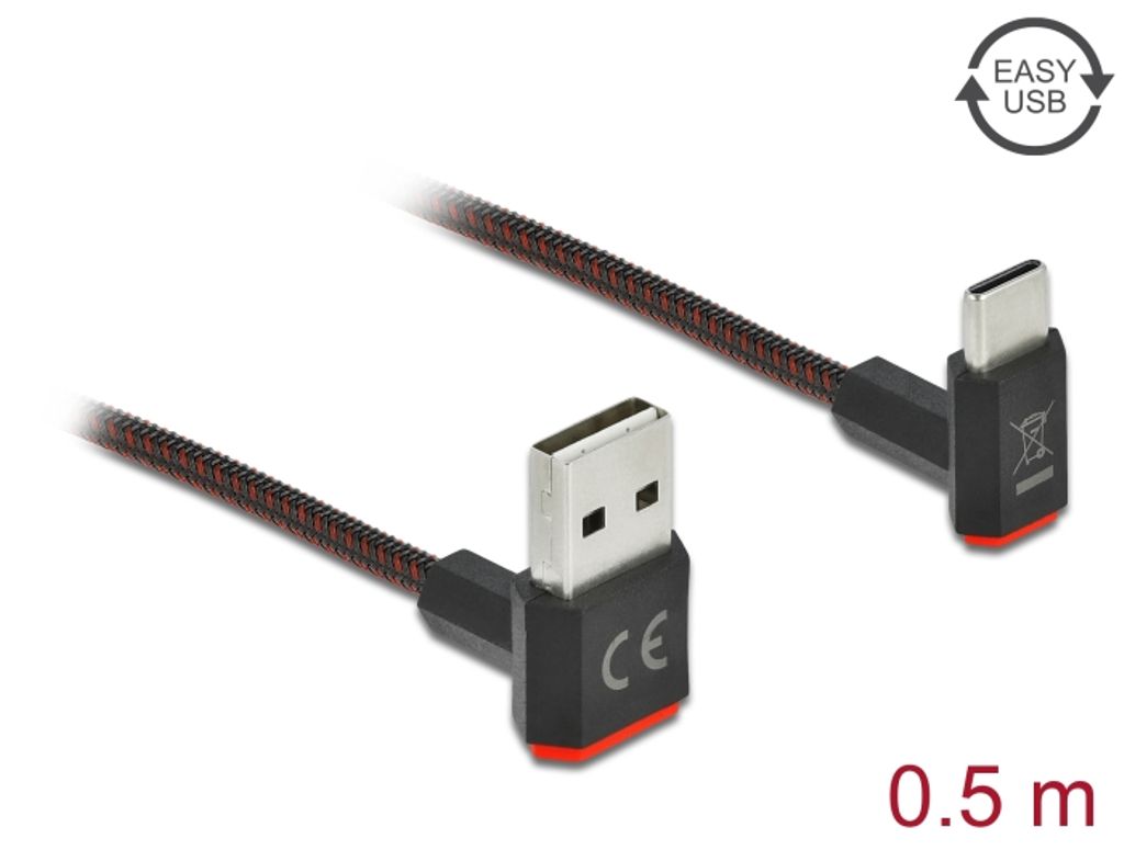 Delock EASY USB-A til USB-C-kabel vinklet opp/ned, 0,5 m - svart