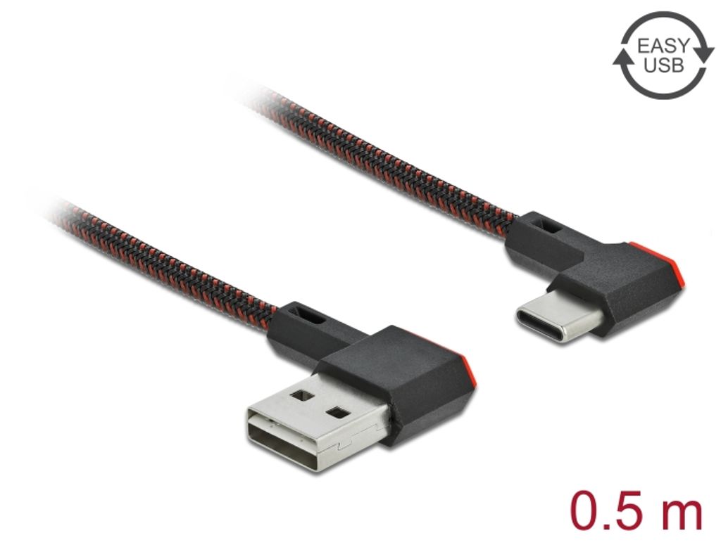 Delock EASY USB-A til USB-C-kabel vinklet venstre/høyre, 0,5 m - svart