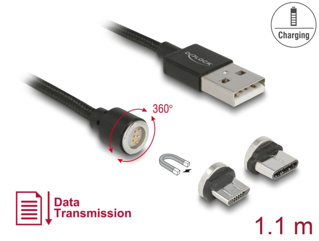 Delock Magnetisk USB-data- og ladesett for Micro USB / USB-C 1,1 m - Svart