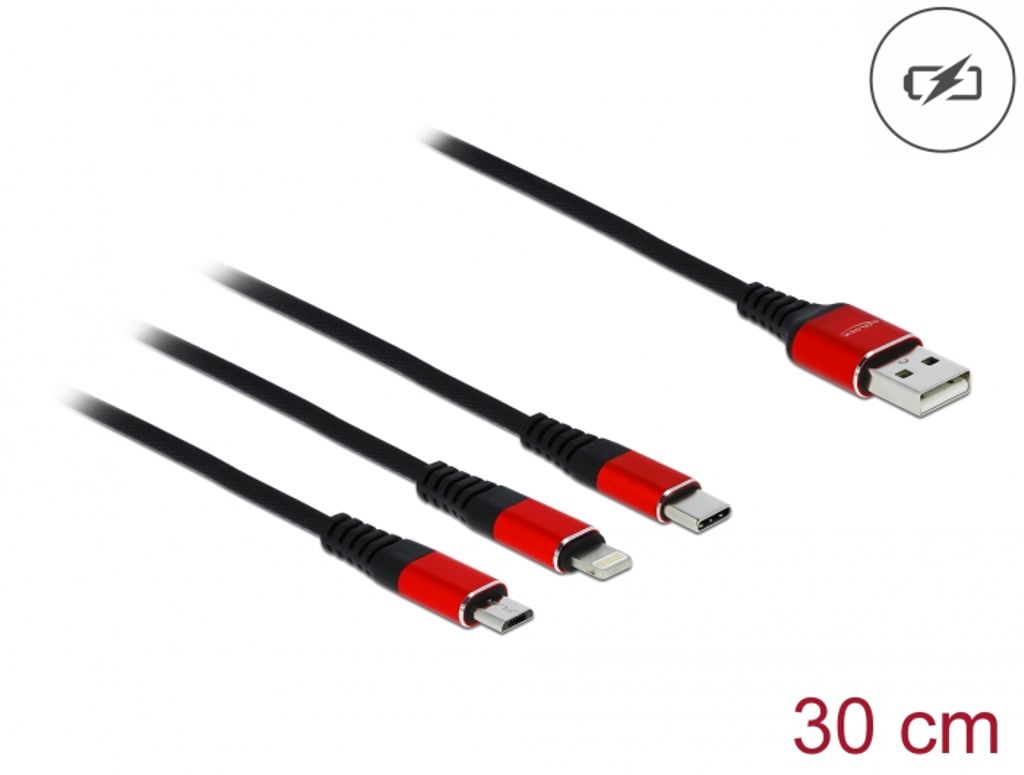 Delock 3-i-1 ladekabel USB-A til Lightning/Micro USB/USB-C, 30 cm - svart/rød